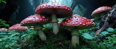 Vibrant red mushrooms in a lush forest photo