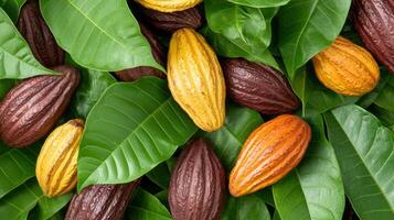 Colorful cocoa pods and leaves photo