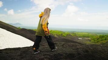 In Remote Wilderness Of Mountains, Lonely Woman Tourist Viewing Splendor Of Surroundings video