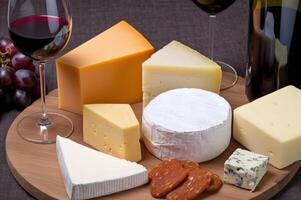 Cheese platter with wine, top view, minimalism photo