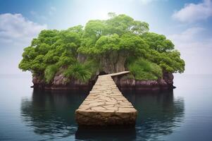 Island in the middle of the ocean, bridge leading to a mysterious destination photo