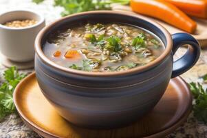 Roasted vegetable and lentil soup in a bowl photo