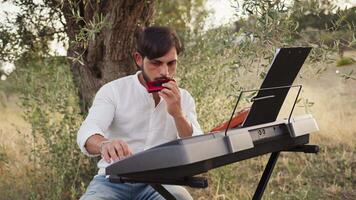 Boy Plays Music With Harmonica And Keyboard Among The Olive Trees Of Calabria video