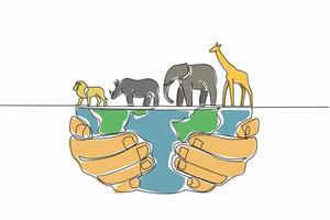 Single one line drawing giraffe, elephant, lion rhino on top of a half-held globe. Diversity of life on planet. Keeping from extinction. World Wildlife Day. Continuous line design graphic illustration vector