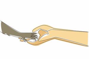Single continuous line drawing hand of monkey and hand of human is touch. Can be trusted. Not a pet but can be kept. For the balance of nature. World Wildlife Day. One line design illustration vector