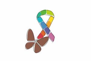 Single continuous line drawing colorful campaign ribbon with large butterfly under the ribbon tip. Awareness campaigns. Hope. Inspiration. Zero Discrimination Day. One line design illustration vector