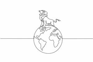 Continuous one line drawing globe with lion on top. Roar. Animal symbol number one. Top of the food chain. Fierce predator. Carnivore. World Wildlife Day. Single line draw design illustration vector