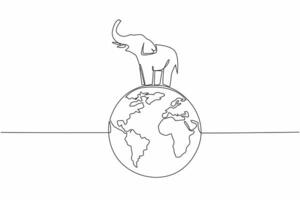 Continuous one line drawing globe with elephant on top. Stop poaching ivory as souvenirs. Irresponsible action. Comfortable habitat. World Wildlife Day. Single line draw design illustration vector