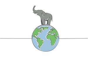 Continuous one line drawing globe with elephant on top. Stop poaching ivory as souvenirs. Irresponsible action. Comfortable habitat. World Wildlife Day. Single line draw design illustration vector
