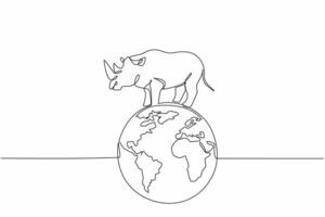 Single one line drawing globe with rhinoceros on top. Pastures must remain green, they must not be barren. Natural habitat. Conserve. World Wildlife Day. Continuous line design graphic illustration vector