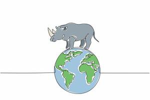 Single one line drawing globe with rhinoceros on top. Pastures must remain green, they must not be barren. Natural habitat. Conserve. World Wildlife Day. Continuous line design graphic illustration vector