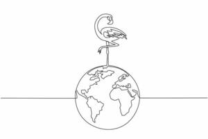Single continuous line drawing globe with flamingo on top. Avoid lake pollution by disposing of waste in its proper place. Keep habitat clean. World Wildlife Day. One line design illustration vector