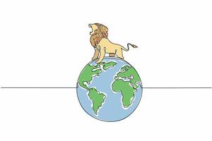 Continuous one line drawing globe with lion on top. Roar. Animal symbol number one. Top of the food chain. Fierce predator. Carnivore. World Wildlife Day. Single line draw design illustration vector