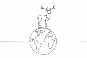 Continuous one line drawing globe with deer on top. Its existence maintains the balance of animal diversity. Hunt or be hunted. Natural. World Wildlife Day. Single line draw design illustration vector
