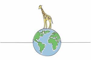 Single continuous line drawing globe with giraffe on top. Preserve forests and savannas. Stop illegal logging. Natural habitat. Biodiversity. World Wildlife Day. One line design illustration vector
