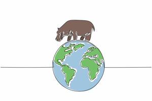 Single continuous line drawing globe with a hippopotamus on top. The interconnectedness of animals and earth. Maintain the balance of nature. World Wildlife Day. One line design illustration vector