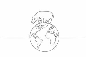Single continuous line drawing globe with a hippopotamus on top. The interconnectedness of animals and earth. Maintain the balance of nature. World Wildlife Day. One line design illustration vector