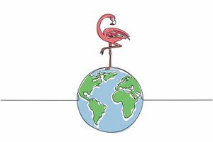 Single continuous line drawing globe with flamingo on top. Avoid lake pollution by disposing of waste in its proper place. Keep habitat clean. World Wildlife Day. One line design illustration vector