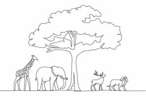Continuous one line drawing big tree in middle of giraffe, elephant, deer, lion. Shady and leafy trees maintain the balance of nature. World Wildlife Day. Single line draw design illustration. vector