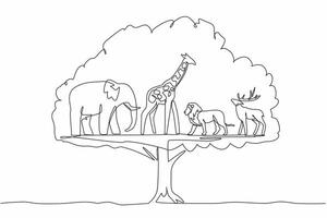 Single one line drawing in the leaves of the big tree there are giraffe, elephant, deer and lion. Eternity in the shady tree. Balance. World Wildlife Day. Continuous line design graphic illustration vector