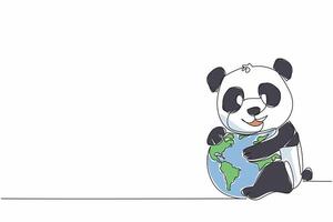 Single continuous line drawing cute lion hugging globe. Stop cutting down bamboo trees at will. Let them live comfortably. Ecosystem. Habitats. World Wildlife Day. One line design illustration vector
