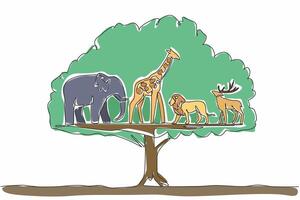 Single one line drawing in the leaves of the big tree there are giraffe, elephant, deer and lion. Eternity in the shady tree. Balance. World Wildlife Day. Continuous line design graphic illustration vector