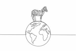 Single one line drawing globe with zebra on top. Environmental conservation is needed to keep them from becoming extinct. Good habitat. World Wildlife Day. Continuous line design graphic illustration vector