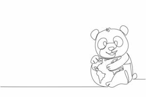 Single continuous line drawing cute lion hugging globe. Stop cutting down bamboo trees at will. Let them live comfortably. Ecosystem. Habitats. World Wildlife Day. One line design illustration vector