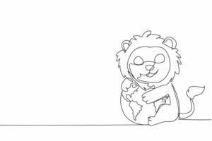 Single one line drawing cute lion hugging globe. Stop destroying nature. For sake of sustainability of the food chain. Avoid extinction World Wildlife Day. Continuous line design graphic illustration vector
