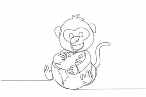 Continuous one line drawing cute monkey hugging globe. Protect from extinction. Make cultural heritage eternal with its life. Habitat. World Wildlife Day. Single line draw design illustration vector