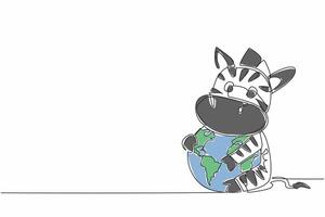 Single continuous line drawing cute zebra hugging globe. The vast and green grassland is the best place for them. Prevent them from extinction. World Wildlife Day. One line design illustration vector