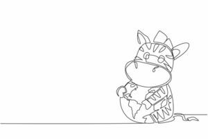 Single continuous line drawing cute zebra hugging globe. The vast and green grassland is the best place for them. Prevent them from extinction. World Wildlife Day. One line design illustration vector