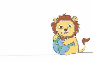 Single one line drawing cute lion hugging globe. Stop destroying nature. For sake of sustainability of the food chain. Avoid extinction World Wildlife Day. Continuous line design graphic illustration vector