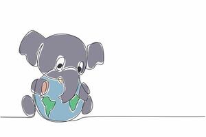 Single one line drawing a cute elephant hugging globe. Maintaining the sustainability of nature so that they do not become extinct. World Wildlife Day. Continuous line design graphic illustration vector