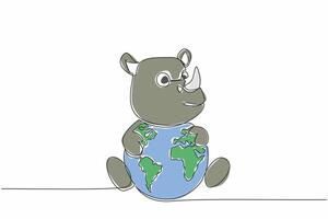 Single one line drawing cute rhinoceros hugging globe. Stop illegal logging. The beautiful nature keeps them from becoming extinct. World Wildlife Day. Continuous line design graphic illustration vector