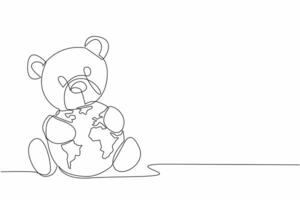 Single continuous line drawing cute bear hugs globe. Sit and hug with love. Missing the nature that was once comfortable. Conservation global. World Wildlife Day. One line design illustration vector