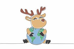 Continuous one line drawing cute deer hugging globe. Maintaining balance of nature so that they continue to reproduce. Comfort place. World Wildlife Day. Single line draw design illustration vector