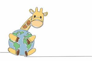 Single continuous line drawing cute giraffe hugging globe. Symbol of longing. Longing for a comfortable place before global warming. Habitat. World Wildlife Day. One line design illustration vector