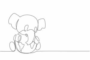 Single one line drawing a cute elephant hugging globe. Maintaining the sustainability of nature so that they do not become extinct. World Wildlife Day. Continuous line design graphic illustration vector