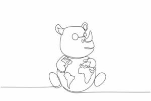 Single one line drawing cute rhinoceros hugging globe. Stop illegal logging. The beautiful nature keeps them from becoming extinct. World Wildlife Day. Continuous line design graphic illustration vector