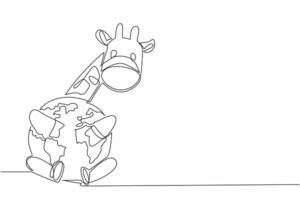 Single continuous line drawing cute giraffe hugging globe. Symbol of longing. Longing for a comfortable place before global warming. Habitat. World Wildlife Day. One line design illustration vector