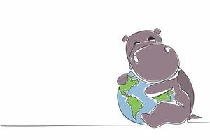 Single one line drawing cute hippopotamus hugging globe. Maintaining ecological balance. Save the earth to be comfortable home for them. World Wildlife Day. Continuous line design graphic illustration vector