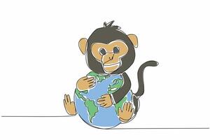 Continuous one line drawing cute monkey hugging globe. Protect from extinction. Make cultural heritage eternal with its life. Habitat. World Wildlife Day. Single line draw design illustration vector