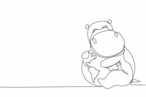 Single one line drawing cute hippopotamus hugging globe. Maintaining ecological balance. Save the earth to be comfortable home for them. World Wildlife Day. Continuous line design graphic illustration vector