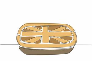 Continuous one line drawing Great Britain flag shaped pie surface in a rectangular pan. Culinary tradition. Connection culture and food. British Pie Week. Single line draw design illustration vector
