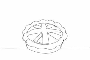 Single continuous line drawing Great Britain flag shaped pie surface in a round pan. The golden brown color invites anyone to try it. Celebration. British Pie Week. One line design illustration vector