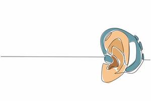 Single one line drawing ear attached to hearing aid. Progress of times along with the development of technology. Helps to amplify sound. World Hearing Day. Continuous line design graphic illustration vector