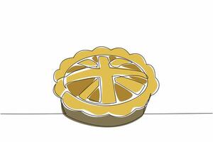 Single continuous line drawing Great Britain flag shaped pie surface in a round pan. The golden brown color invites anyone to try it. Celebration. British Pie Week. One line design illustration vector
