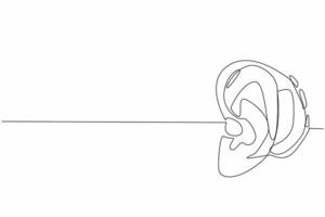 Single one line drawing ear attached to hearing aid. Progress of times along with the development of technology. Helps to amplify sound. World Hearing Day. Continuous line design graphic illustration vector