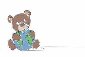 Single continuous line drawing cute bear hugs globe. Sit and hug with love. Missing the nature that was once comfortable. Conservation global. World Wildlife Day. One line design illustration vector